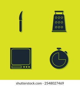 Set Knife, Kitchen timer, Electronic scales and Grater icon. Vector