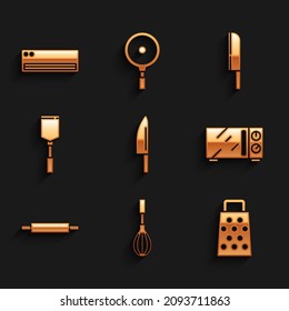 Set Knife, Kitchen whisk, Grater, Microwave oven, Rolling pin, Spatula,  and Air conditioner icon. Vector
