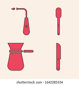 Set Knife, Long electric lighter, Spoon and Coffee turk icon. Vector