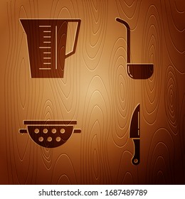 Set Knife , Measuring cup, Kitchen colander  and Kitchen ladle  on wooden background. Vector