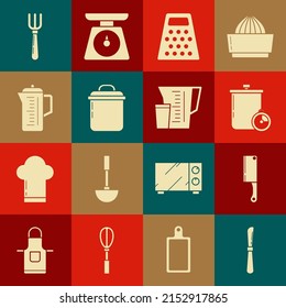Fijar Knife, Chopper de carne, temporizador de cocina y olla de cocina, Icono de Grater, Teapot, Fork and Measuring cup. Vector
