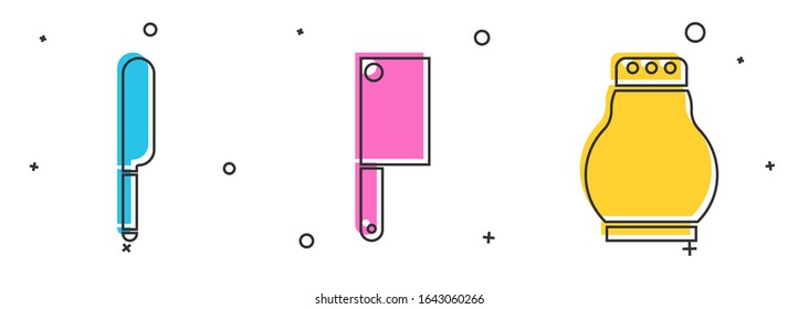 Set Knife, Meat chopper and Salt and pepper icon. Vector