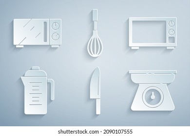 Set Knife, Microwave oven, Teapot, Scales, Kitchen whisk e icono. Vector
