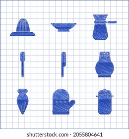 Set Knife, Oven glove, Cooking pot, Salt and pepper, Pastry bag for decorate cakes, Spoon, Coffee turk and Citrus fruit juicer icon. Vector