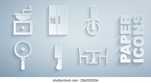 Set Knife, Pizza knife, Frying pan, Wooden table with chair, Refrigerator and Manual coffee grinder icon. Vector