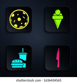 Set Knife, Pizza, Paper glass with drinking straw and burger and Ice cream in waffle cone. Black square button. Vector