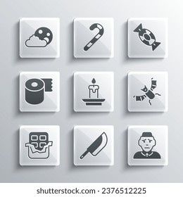 Set Knife, Priest, Flying bat, Burning candle, Chocolate bar, Toilet paper roll, Moon stars and Candy icon. Vector