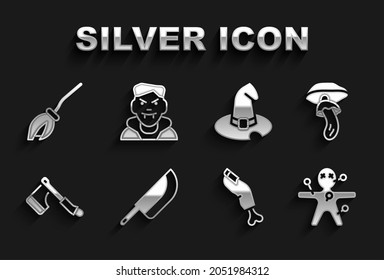 Set Knife, Psilocybin mushroom, Voodoo doll, Zombie finger, Wooden axe, Witch hat, Witches broom and Vampire icon. Vector