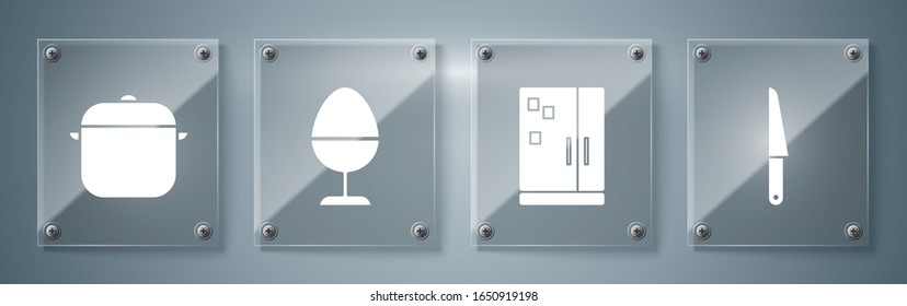 Set Knife, Refrigerator, Chicken egg on a stand and Cooking pot. Square glass panels. Vector