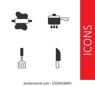 Ponga Knife, el rodillo sobre la masa, la espátula y el icono del fuego de la olla de cocina. Vector