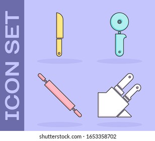 Set Knife, Knife, Rolling pin and Pizza knife icon. Vector