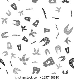 Set Knife, Salt, Fish steak and Crossed sausage on seamless pattern. Vector