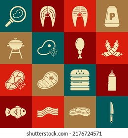 Set Knife, Sauce bottle, Crossed sausage, Fish steak, Fresh frozen meat, Barbecue grill, Steak in frying pan and Chicken leg icon. Vector