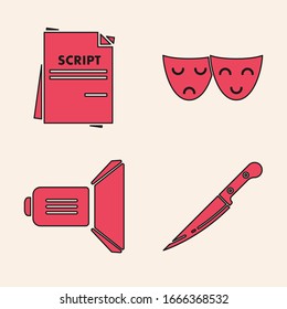 Set Knife , Scenario , Comedy and tragedy theatrical masks  and Movie spotlight  icon. Vector