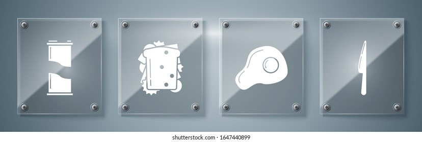 Set Knife, huevos revueltos, sandwich y lata de refrescos. Paneles de vidrio cuadrado. Vector