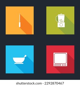 Set Knife sharpener, Blender, Mortar and pestle and Electronic scales icon. Vector