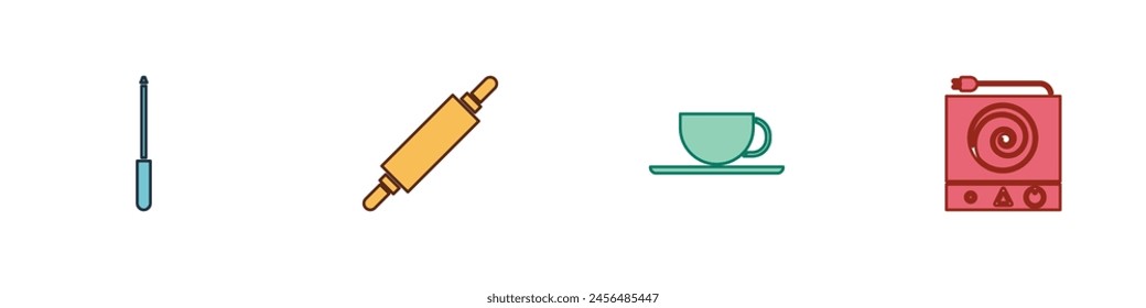 Set Knife sharpener, Rolling pin, Coffee cup and Electric stove icon. Vector