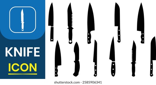 Set of knife silhouette. Knife vector icon set. Hunting knife icon. Cutlery for dining, chef and restaurant, barbecue, cheese, meat, bread, fish, vegetable. Vector illustrator.