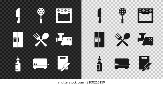 Set Knife, Spatula, Oven, Bottle of olive oil, Toaster, Cutting board and knife, Refrigerator and Crossed fork spoon icon. Vector