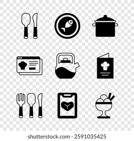 Set Knife and spoon, Served fish plate, Cooking pot, Fork, knife, Restaurant cafe menu, Ice cream bowl, Online ordering delivery and Kettle with handle icon. Vector