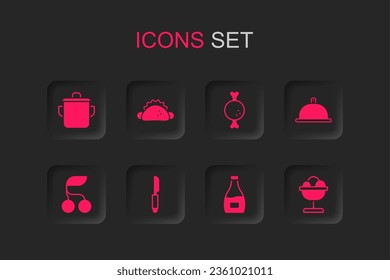 Set Knife, Taco with tortilla, Cooking pot, Sauce bottle, Covered tray of food, Ice cream the bowl, Chicken leg and Fresh berries icon. Vector