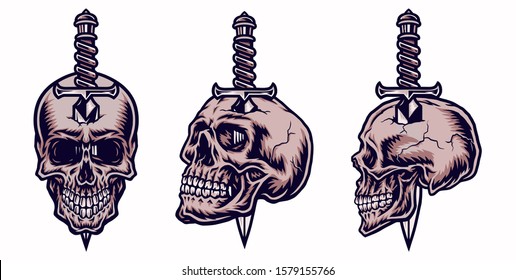 Set of knife through a skull, isolated on a white