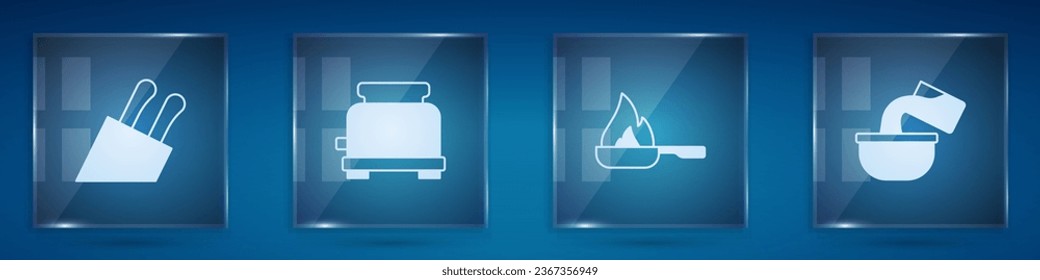 Set Knife, Toaster, Frying pan and Saucepan. Square glass panels. Vector
