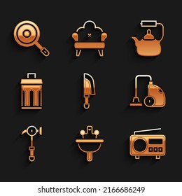 Set Knife, Washbasin, Radio, Vacuum cleaner, Hammer, Trash can, Kettle with handle and Frying pan icon. Vector
