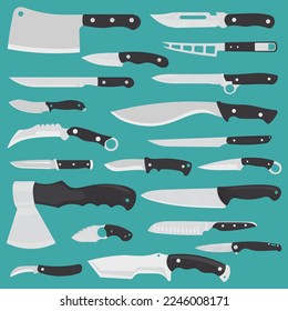 Set of Knifes vector illustration. Aggressive survivor tool. Kitchen tool. Cooking equipment.