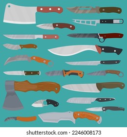 Set of Knifes vector illustration. Aggressive survivor tool. Kitchen tool. Cooking equipment.