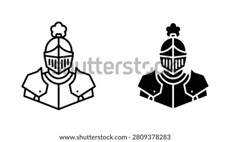 A set of knight armor icons in line art and solid silhouette styles, representing medieval warrior protection for historical games, fantasy design, or heraldic emblems.