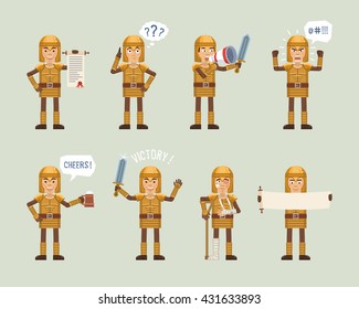 Set of knight characters posing in different situations. Cheerful knight talking on phone, thinking, angry, celebrating victory, holding mug of beer, scroll, loudspeaker. Flat vector illustration