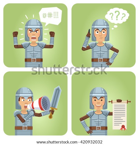 Set of knight characters posing in different situations. Cheerful medieval knight talking on phone, thinking, angry, holding loudspeaker, scroll. Flat style vector illustration