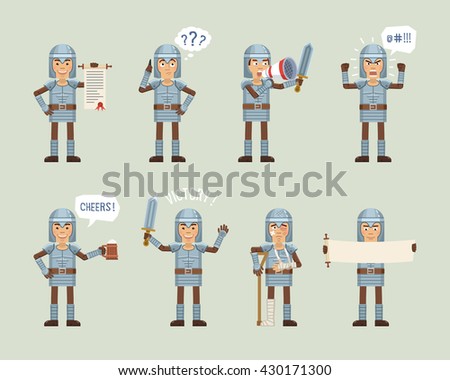 Set of knight characters posing in different situations. Cheerful knight talking on phone, thinking, angry, celebrating victory, holding mug of beer, scroll, loudspeaker. Flat vector illustration