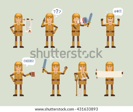 Set of knight characters posing in different situations. Cheerful knight talking on phone, thinking, angry, celebrating victory, holding mug of beer, scroll, loudspeaker. Flat vector illustration