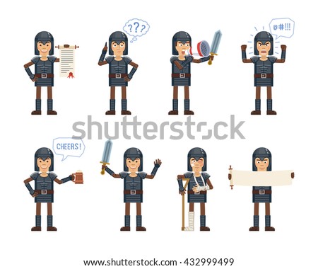 Set of knight characters posing in different situations. Cheerful knight talking on phone, thinking, angry, celebrating victory, holding mug of beer, scroll, loudspeaker. Flat vector illustration