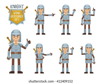 Set of knight characters showing different hand gestures. Cheerful knight showing thumb up, waving, greeting, pointing up, victory sign and other hand gestures. Flat style vector illustration