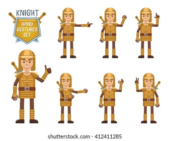 Set of knight characters showing different hand gestures. Cheerful knight showing thumb up, waving, greeting, pointing up, victory sign and other hand gestures. Flat style vector illustration