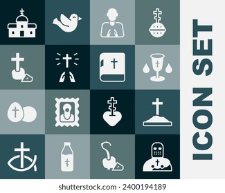 Set Knight crusader, Grave with cross, Christian chalice, Hands in praying position, Church building and Holy bible book icon. Vector