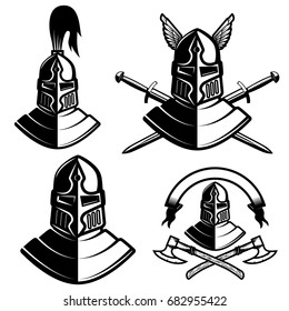 Set of knight helmets with swords, axes. Design elements for logo, label, emblem, sign, brand mark. Vector illustration