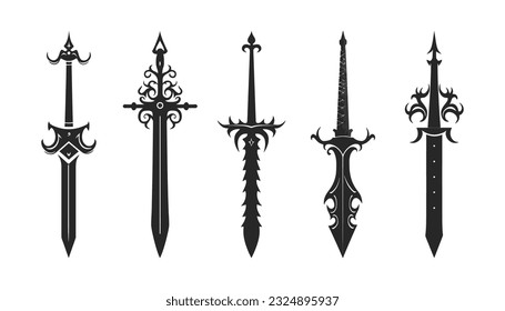 Set of knightly swords isolated on white background. Sword silhouettes. Vector illustration