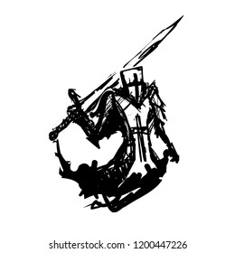 Set knights in armor painted with ink from hands in full growth on a white background sketch
