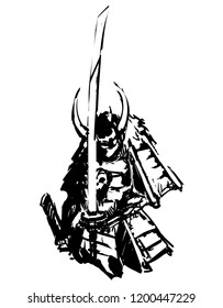 Set knights in armor painted with ink from hands in full growth on a white background sketch
