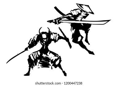 Set knights in armor painted with ink from hands in full growth on a white background sketch
