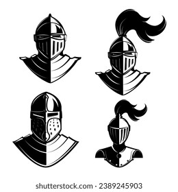 Set of knights helmets isolated on white background. Design elements for logo, label, emblem, sign, badge, brand mark. 