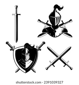 Set of knights helmets isolated on white background. Design elements for logo, label, emblem, sign, badge, brand mark. 