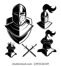 Set of knights helmets isolated on white background. Design elements for logo, label, emblem, sign, badge, brand mark. 