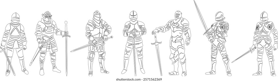 set knights with swords sketch, vector collection