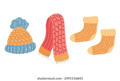 Set of knit handmade woolen clothes isolated on white background. Vector flat graphic design cartoon illustration