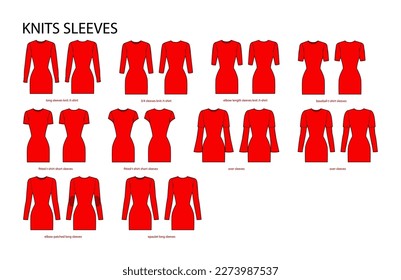 Set of Knit sleeves clothes baseball, fitted, long, over, epaulet, short length technical fashion illustration with fitted body. Flat apparel template front, back sides. Women, men unisex CAD mockup
